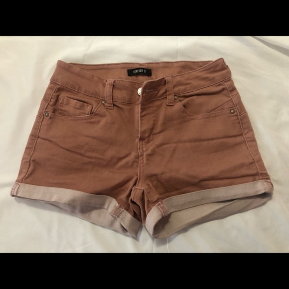 Forever 21 dusty rose Color Midi Rise Denim Stretchy Rolled Cuff Shorts Small